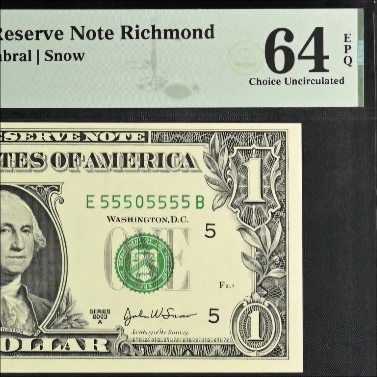 Seven of a Kind dollar bill with serial 55505555