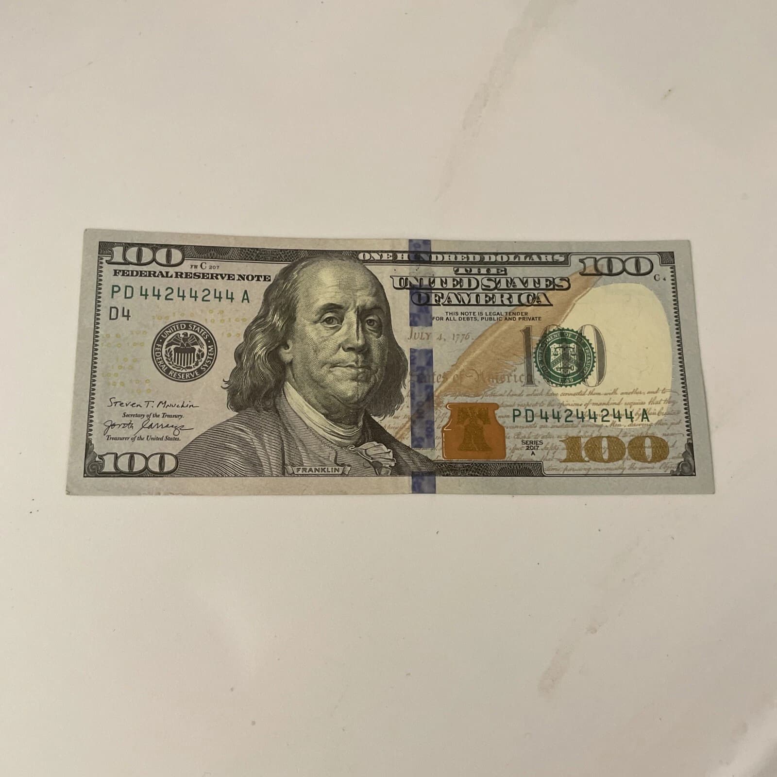 Binary Radar dollar bill with palindrome serial 44244244