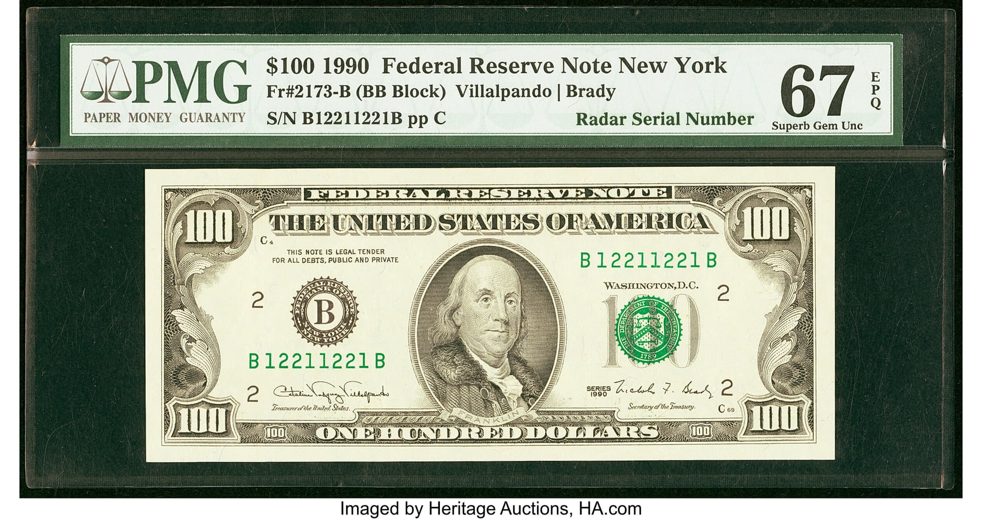 Real graded hundred-dollar bill with radar repeater serial number 12211221