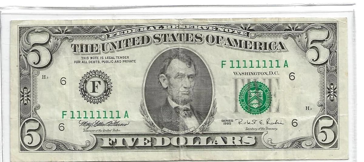 Solid serial number dollar bill showing 11111111