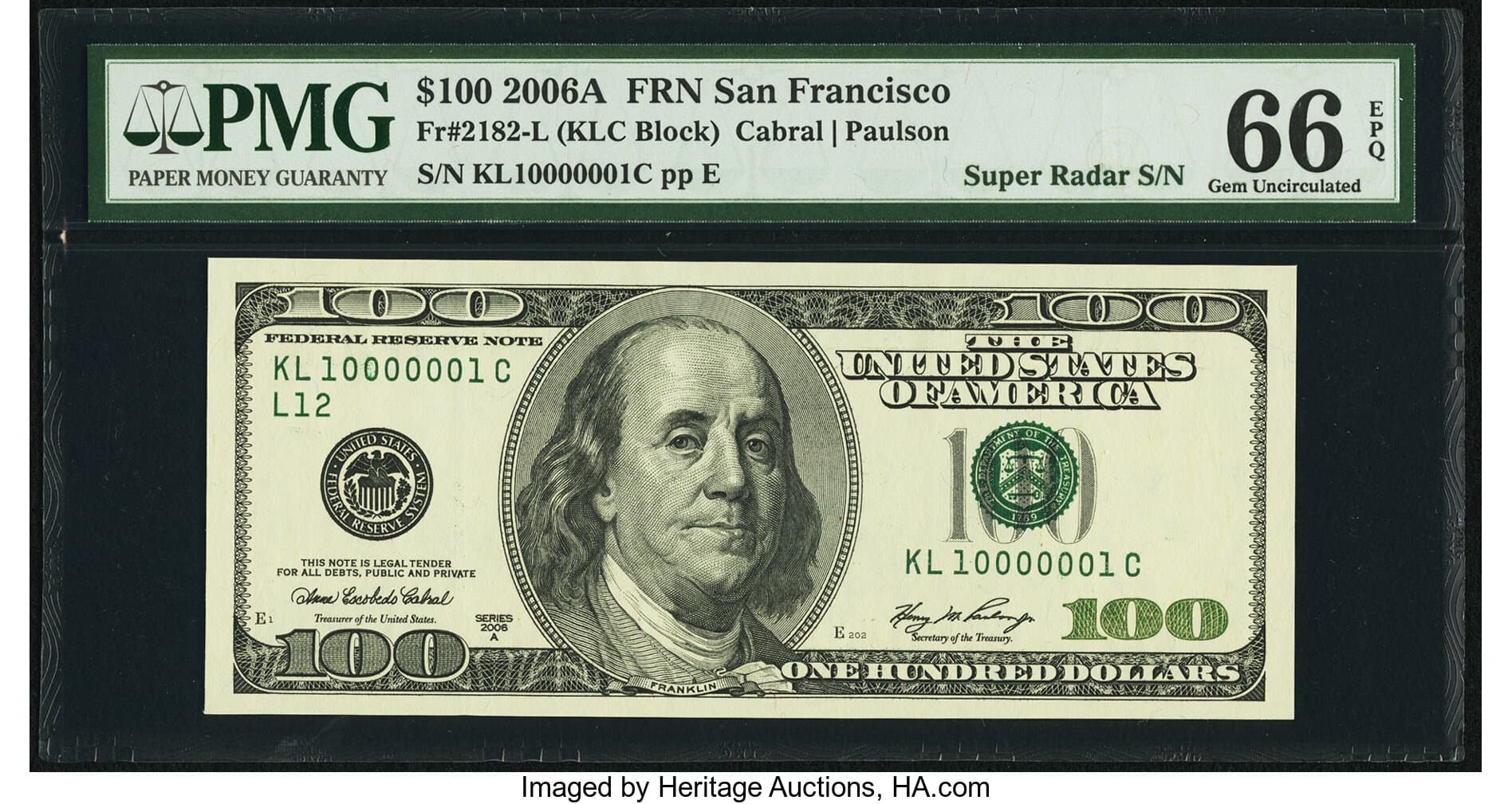 Real graded hundred-dollar bill with super radar serial number 10000001